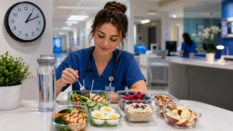 12-Hour Night Shift Meal Plan for Weight Loss with a nurse eating healthy meal prep in a hospital break area.