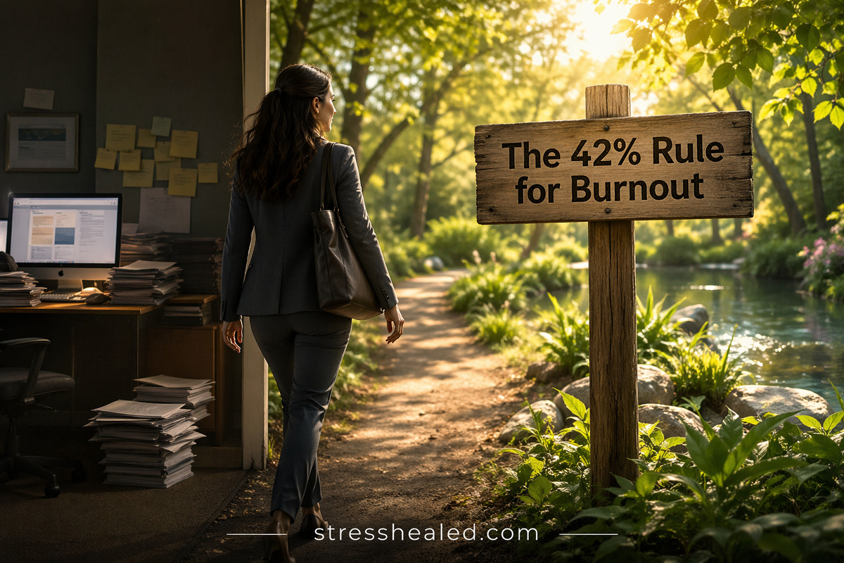 Woman transitioning from a stressful office to a peaceful nature path to demonstrate the 42% Rule for Burnout.