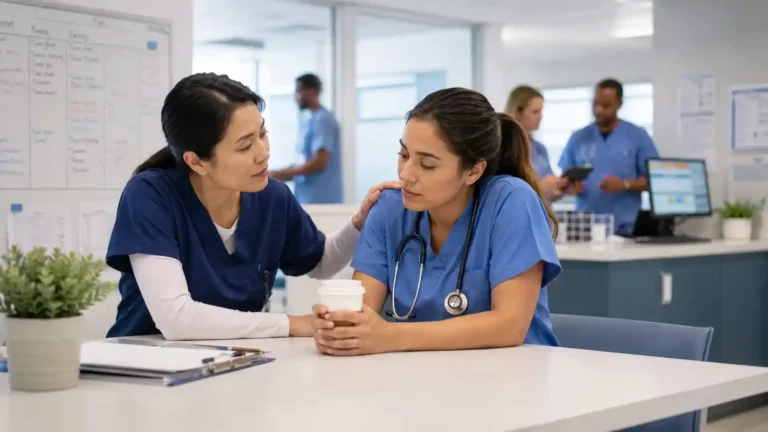 10 tested tips for preventing healthcare staff burnout, shown through a supportive hospital team helping a tired colleague.