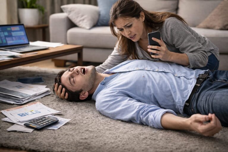 Person lying on floor during a stress-triggered seizure at home, with a family member nearby.
