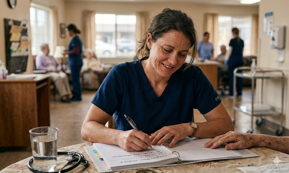 A tired caregiver writing notes in a busy hospital, illustrating the difference between Caregiver Burnout vs Compassion Fatigue.