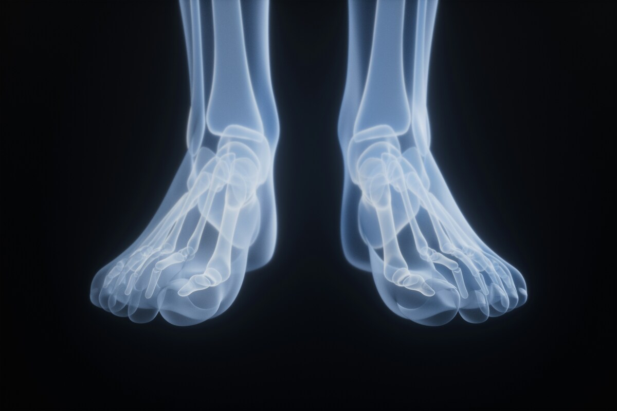 X-ray style illustration of foot and ankle bones used to explain how doctors diagnose gout and the role of stress in triggering gout flare-ups.