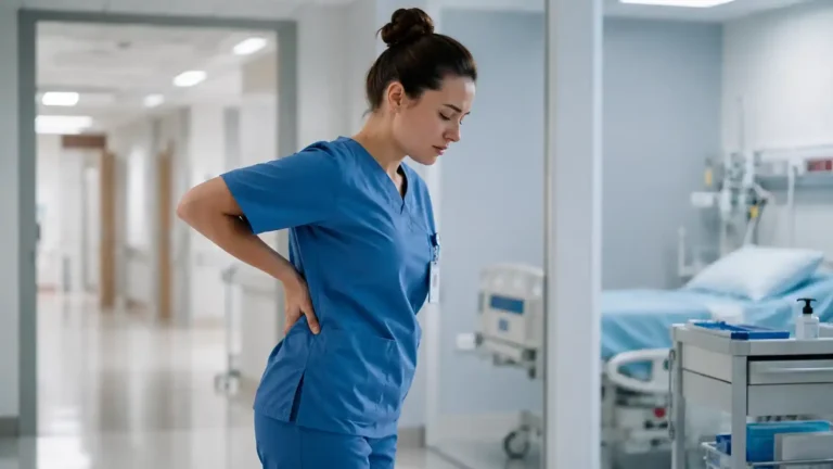 Back Pain in Healthcare Workers as a nurse holds her lower back during a hospital shift.