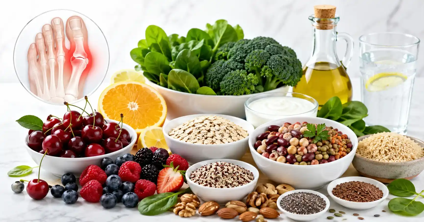 Best Natural Diet for Gout Pain Relief featuring cherries, berries, vegetables, whole grains, legumes, yogurt, nuts, and water.