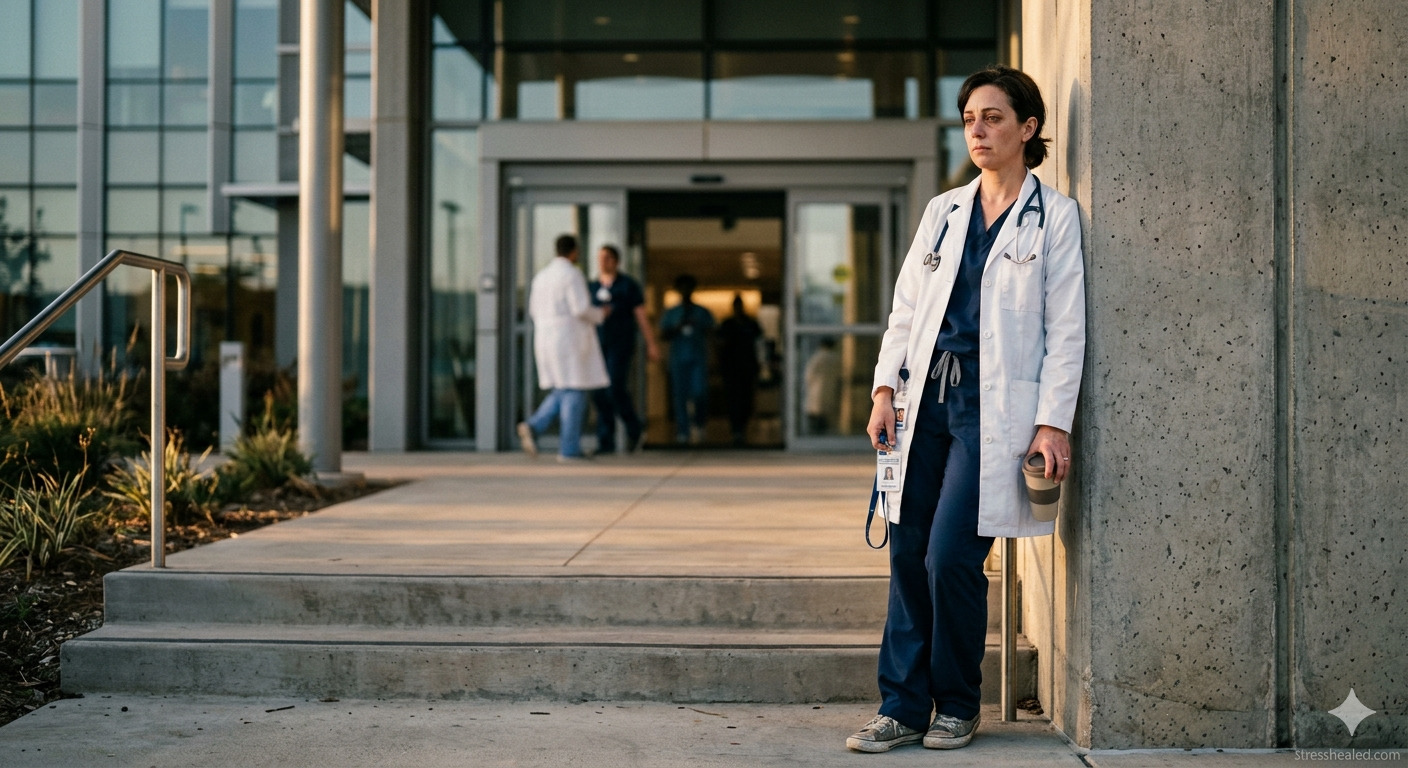 Exhausted healthcare professional outside a hospital showing burnout in healthcare jobs.