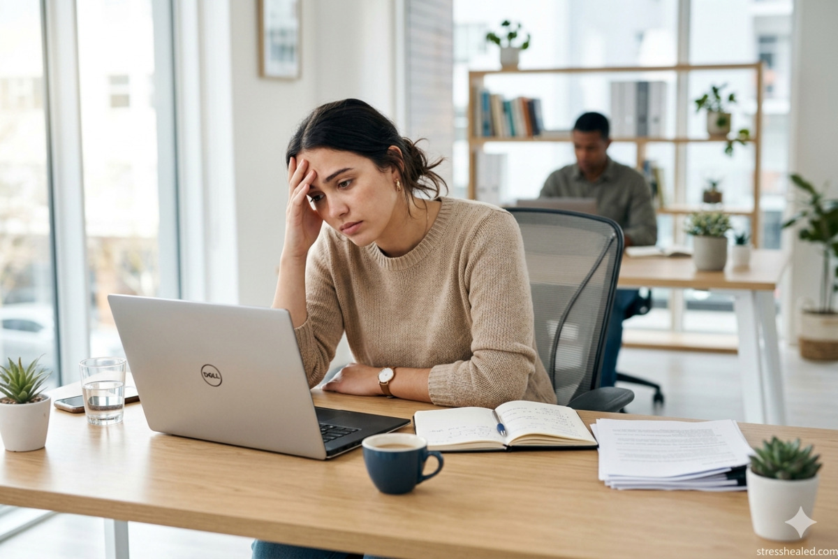 A stressed worker at a desk representing the question can you die from overworking and severe burnout.