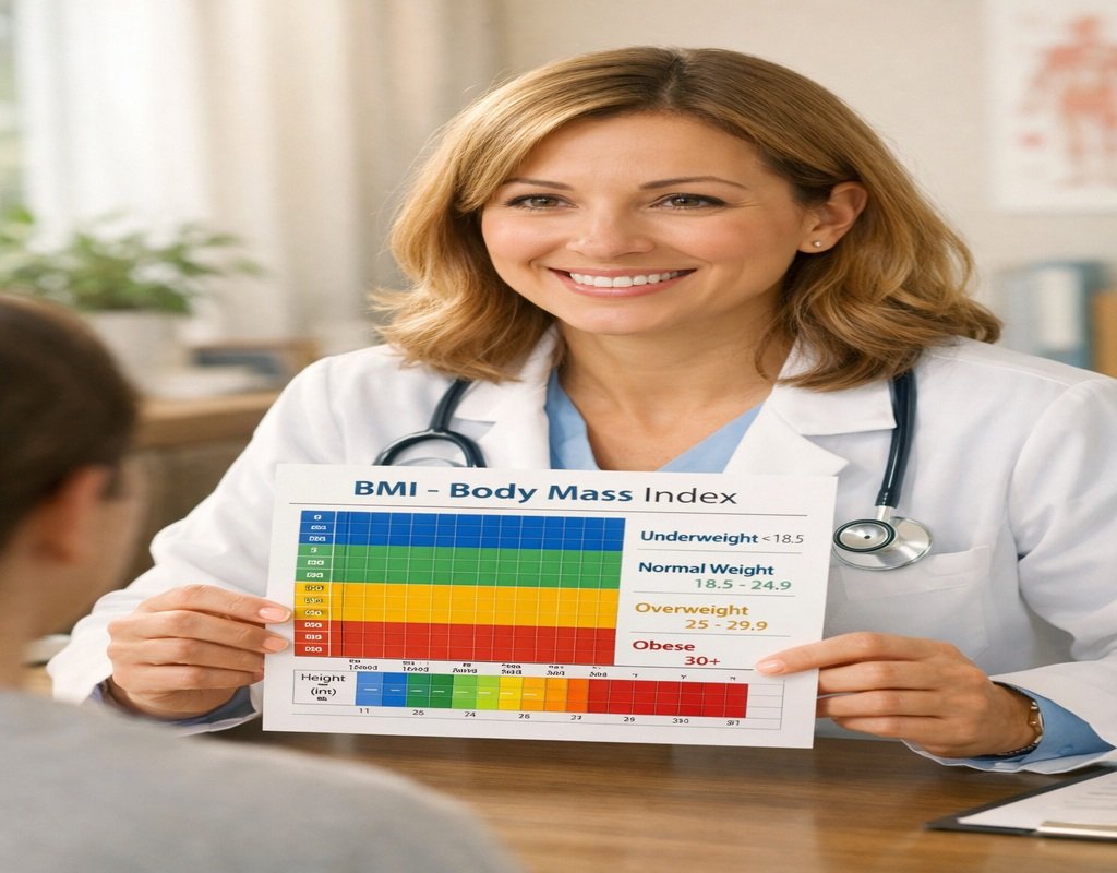 BMI calculator doctor explaining Body Mass Index chart to patient