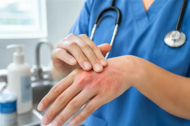 Hand Dermatitis in Nurses causing red, dry, cracked skin on a healthcare worker's hands from frequent handwashing and prolonged glove use.
