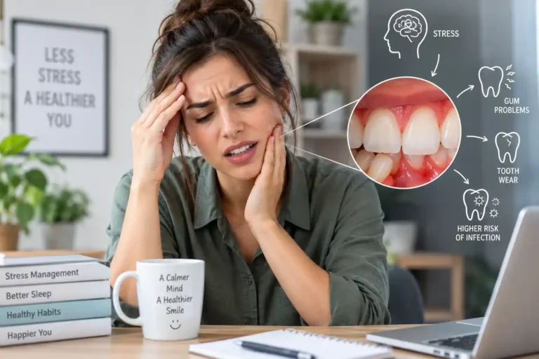 Stressed woman holding her jaw in pain, with an infographic showing how stress affects your oral health through gum problems, tooth wear, and infection risk.