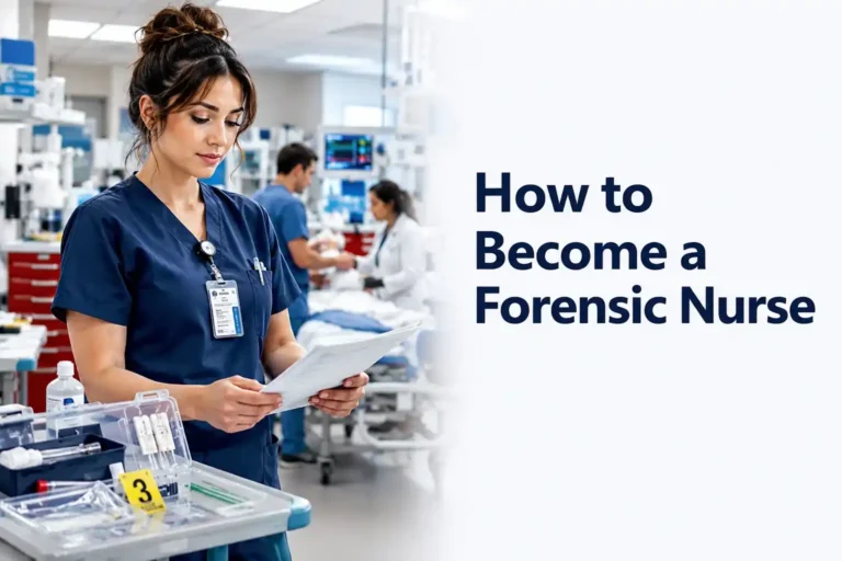 How to Become a Forensic Nurse: A forensic nurse reviews medical documentation in a modern hospital while preparing for a career in forensic nursing.