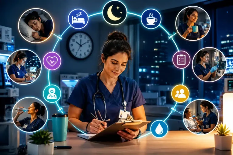 How to Manage a Night Shift as a Nurse Hour-by-Hour infographic showing a nurse managing hydration, caffeine, charting, patient care, and overnight routines.