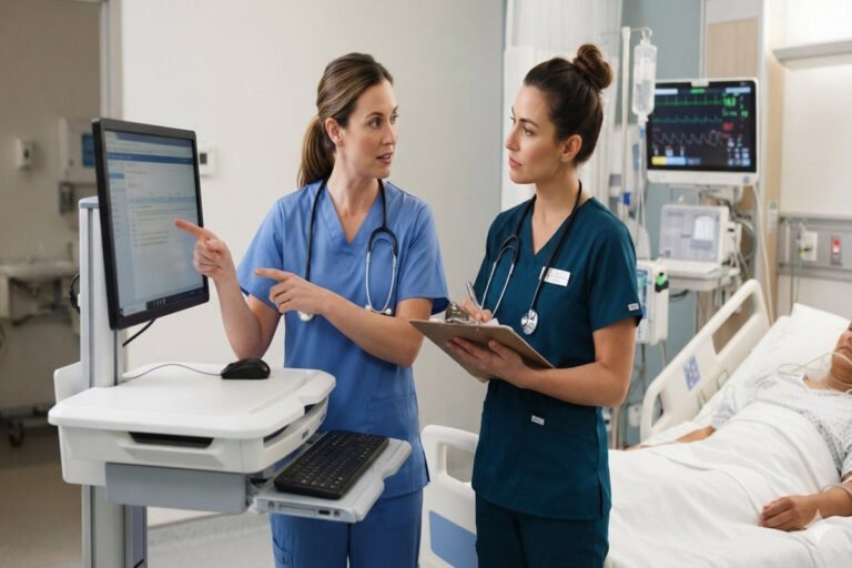 Two nurses reviewing a patient's record and clipboard notes, showing the importance of handoff communication at shift change