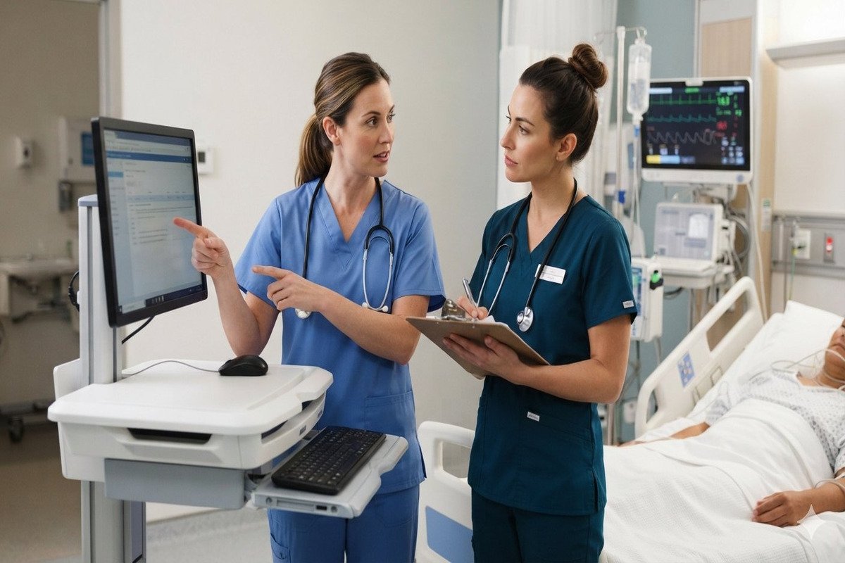 Two nurses reviewing a patient's record and clipboard notes, showing the importance of handoff communication at shift change