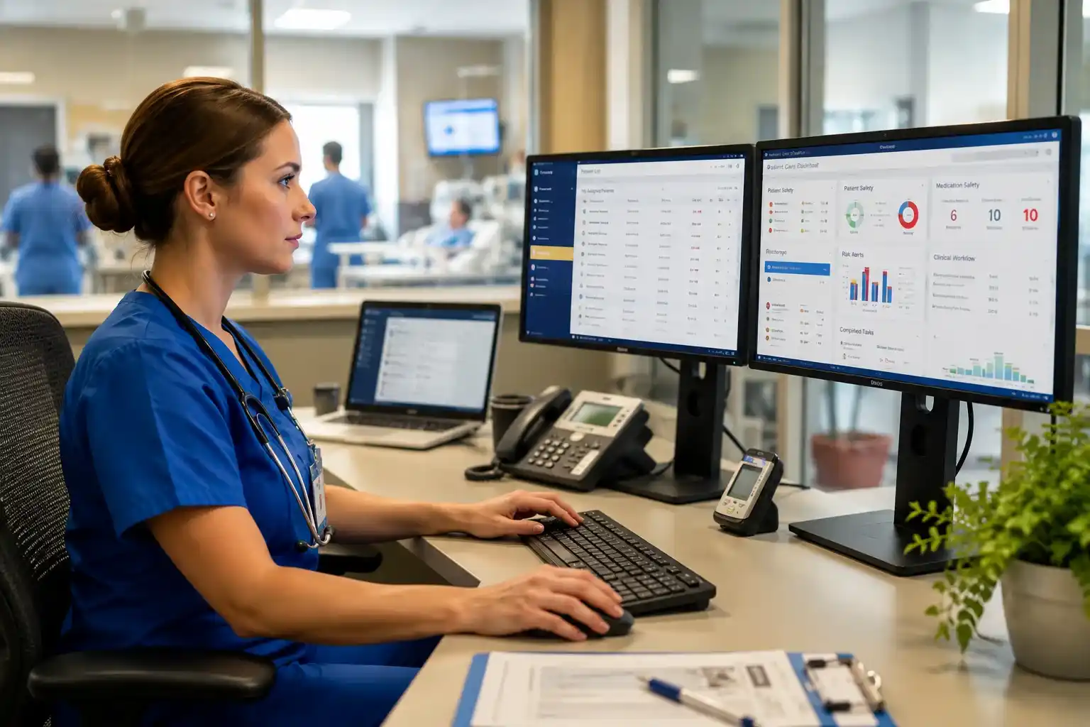 Informatics nurse reviewing electronic health records and healthcare analytics on multiple computer monitors in a modern hospital.