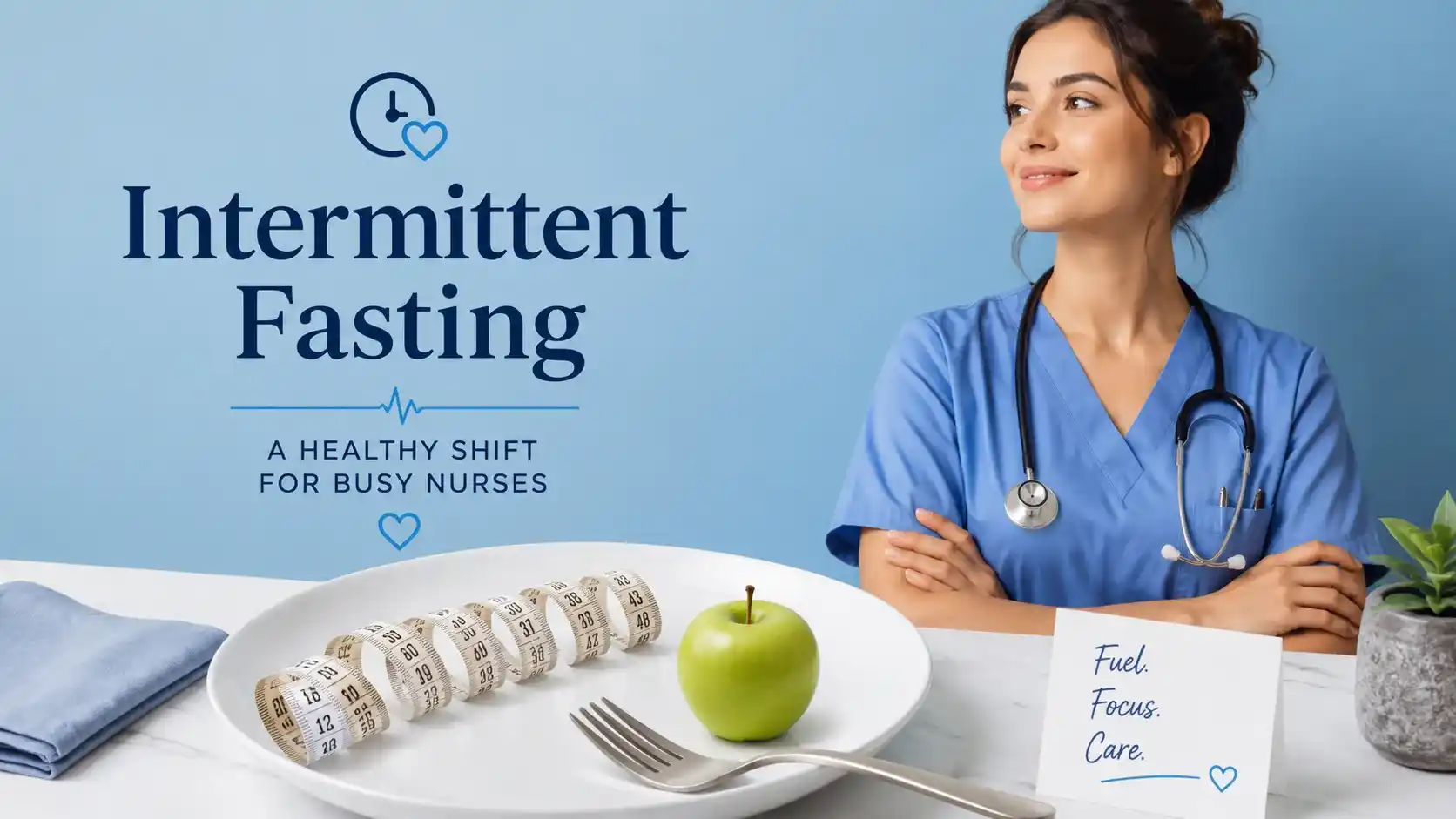 Intermittent fasting for night shift nurses feature image showing nurse following 16:8 intermittent fasting schedule.