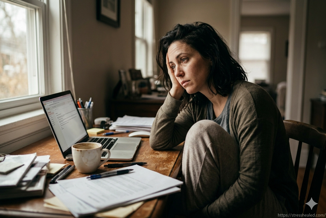 A stressed woman at a desk represents the question is burnout permanent and severe exhaustion.