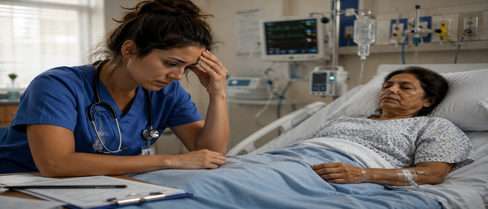 Anxious bedside nurse caring for a sick patient during an emotionally exhausting hospital shift.