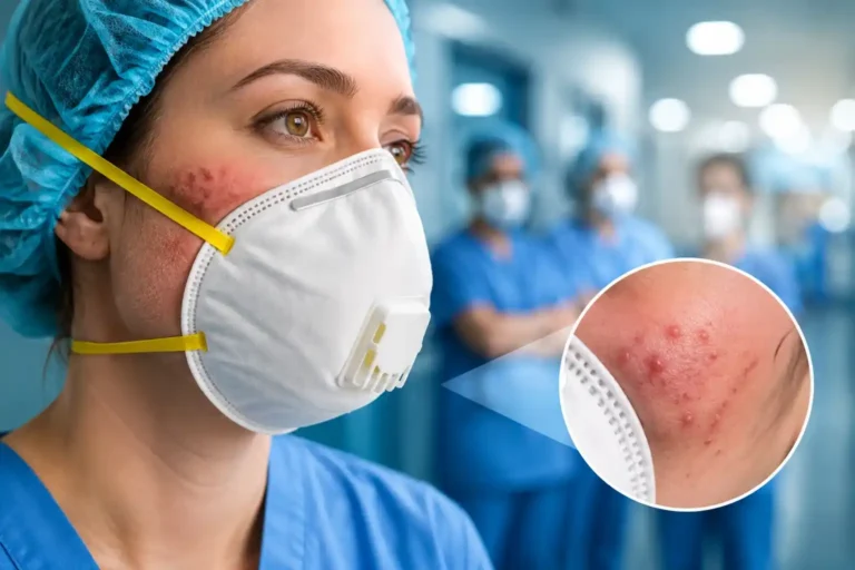 Maskne in Healthcare Workers caused by prolonged mask use.