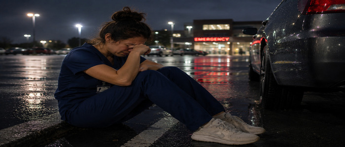 Exhausted nurse crying alone in a hospital parking lot after a stressful shift.