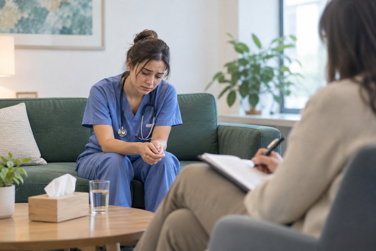 Nurse in scrubs sharing emotional struggles during a therapy session