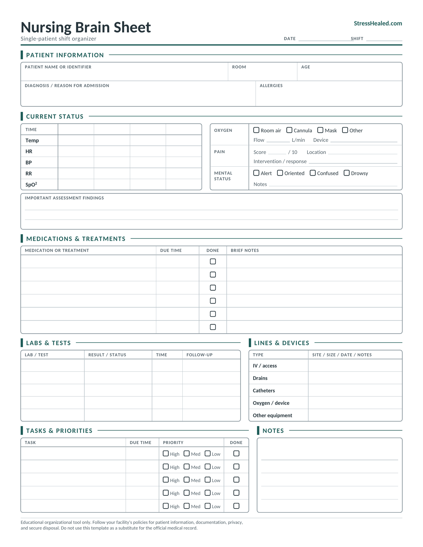 Blank single-patient nursing brain sheet template
