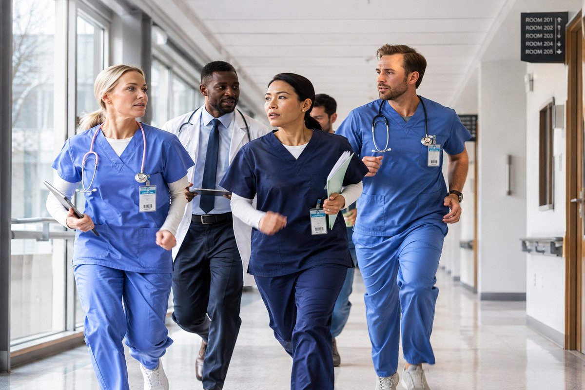 Physical health team of doctors and nurses walking briskly through hospital corridor