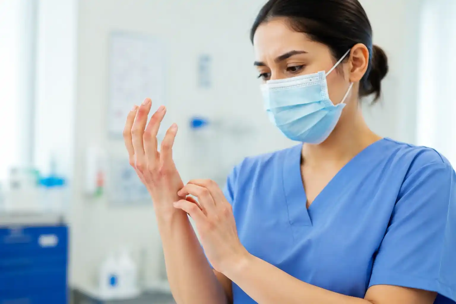 Skin Problems in Healthcare Workers showing a healthcare professional examining irritated hands.