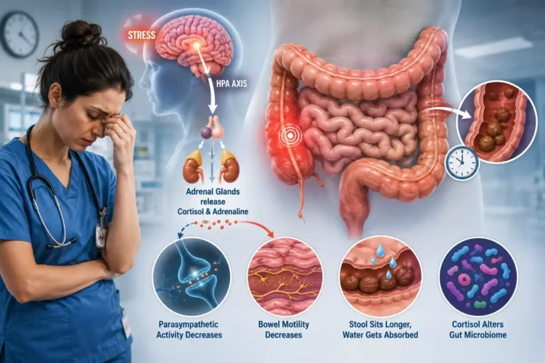 Stress and constipation in nurses shown through the HPA axis, slowed bowel motility, and the gut-brain connection.