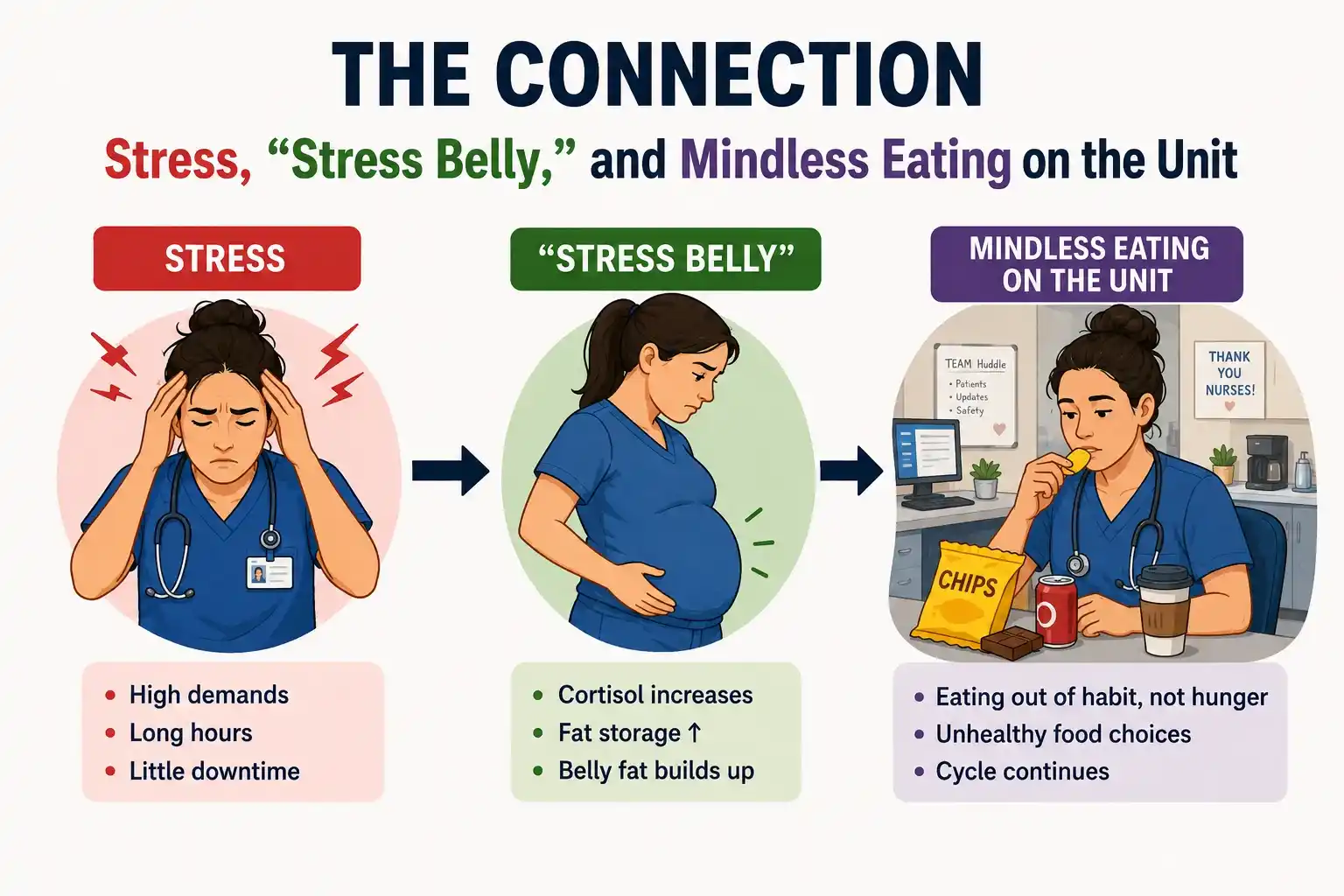 Stress, “stress belly,” and mindless eating on the unit infographic showing how long hours, high stress, cortisol, belly fat, and unhealthy snacking are connected.