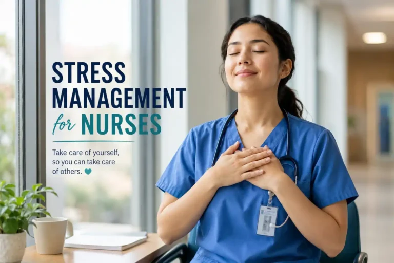 Nurse practicing mindfulness and self-care during a hospital shift, representing effective stress management techniques for nurses.
