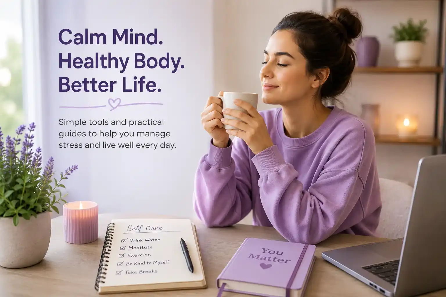 Woman relaxing with tea while practicing stress management and wellness habits