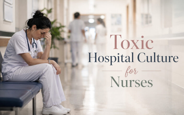 Exhausted nurse sitting alone in a hospital hallway showing toxic hospital culture for nurses.