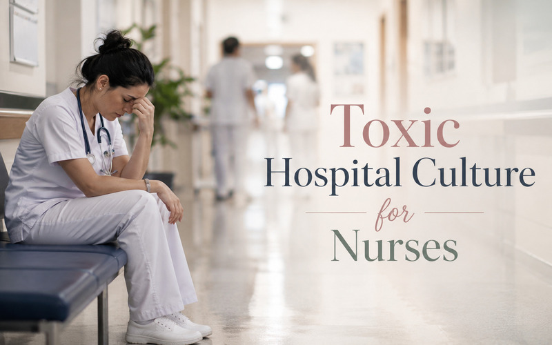 Exhausted nurse sitting alone in a hospital hallway showing toxic hospital culture for nurses.