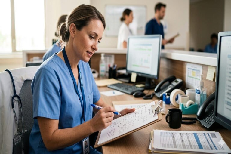 Nurse writing notes on a clipboard at a nurses station to explain what is a brain sheet in nursing