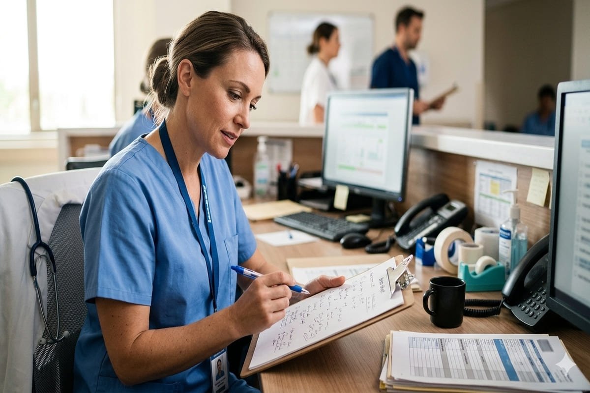Nurse writing notes on a clipboard at a nurses station to explain what is a brain sheet in nursing