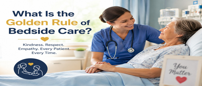 Compassionate nurse comforting an elderly patient in a hospital room while demonstrating the golden rule of bedside care.