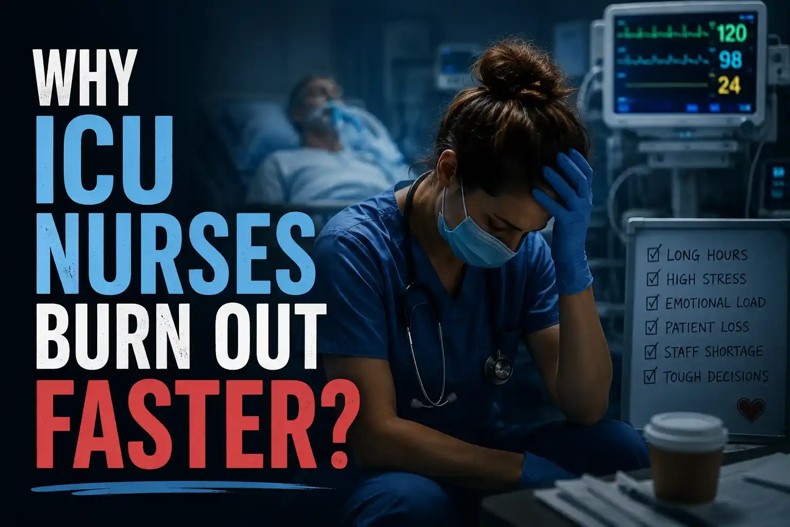 Why ICU Nurses Burn Out Faster shown through an exhausted ICU nurse beside a critically ill patient.