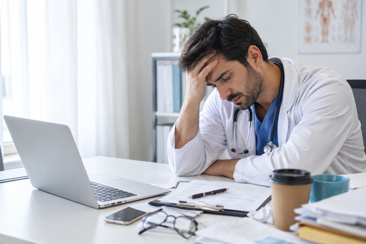 Workplace stress exhausted doctor holding head at desk with laptop