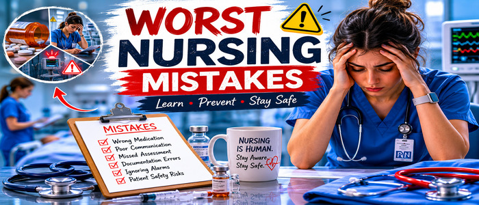 Stressed nurse sitting in a hospital during a patient safety crisis related to worst nursing mistakes.